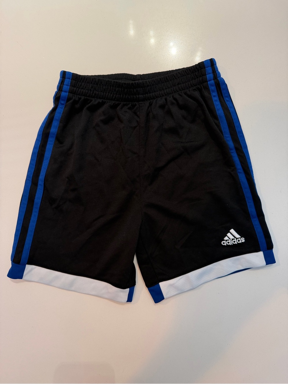 Adidas Black Soccer Shorts with Blue Stripes and White Trim